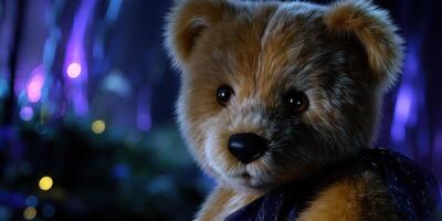 Soft teddy bear with a friendly expression in a cozy setting during nighttime festivities photo