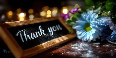 Thank you sign with flowers on a table set for a celebration at dusk photo