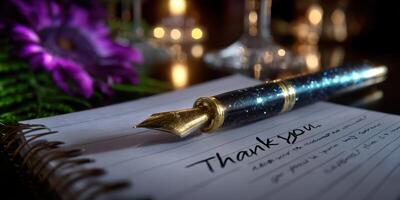 Elegant thank you note with a fountain pen and purple flower on a wooden table at a cozy evening gathering photo
