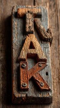 Vintage wooden letterpress block with the letters T, A, and R displayed against a rustic wooden background photo