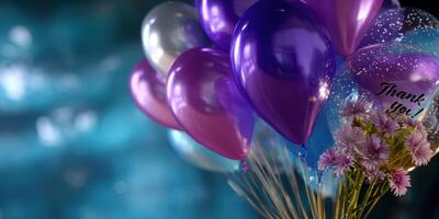 Colorful balloons and flowers expressing gratitude in a joyful celebration setting photo
