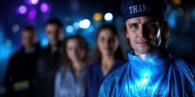 Healthcare worker expresses gratitude during nighttime shift in a hospital amidst vibrant lights and blurred colleagues in the background photo