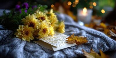 Colorful autumn flowers and decorative card on cozy knit blanket by candlelight create a warm and inviting atmosphere photo