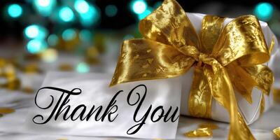 Gift box with a golden ribbon and a thank you message for special occasions and gratitude celebrations photo
