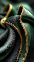 Elegant green silk fabric with intricate golden thread detailing creates a rich visual texture in a close-up shot photo