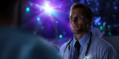 Doctor interacts with patient in a dimly lit medical room during evening hours photo