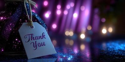 Sparkling glass jar with thank you tag and colorful bokeh in a cozy setting during an evening celebration photo