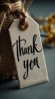 Elegant handmade thank you tag on a rustic burlap background with yellow dried flowers photo