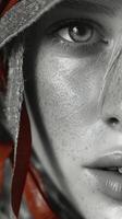 Close-up portrait of a person with striking freckles wearing a decorative headpiece in muted tones photo
