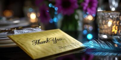Elegant thank you card on a dining table with flowers and glowing candles in a cozy setting photo
