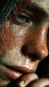 Close-up portrait of a person with wet skin and intense gaze, capturing emotions and details in natural light during the evening photo