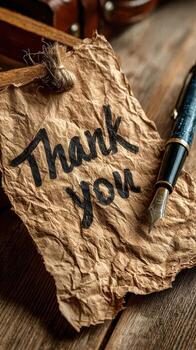 Unique thank you note written on aged paper beside an elegant fountain pen resting on a rustic wooden table photo