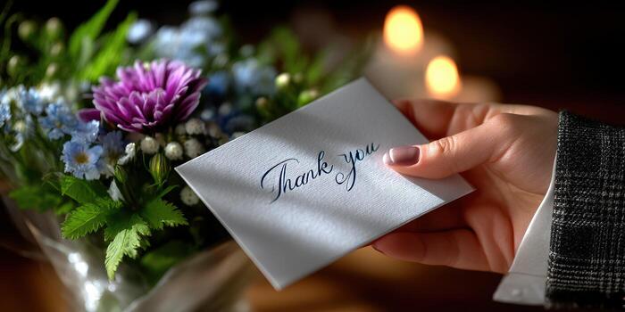 Hand delivering a thank you note beside a bouquet of colorful flowers on a softly lit table photo