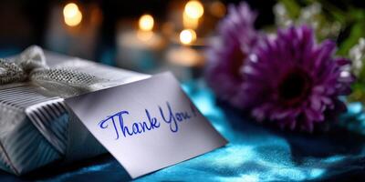 Gift with a thank you note beside purple flowers and candles on a blue surface during an evening gathering photo