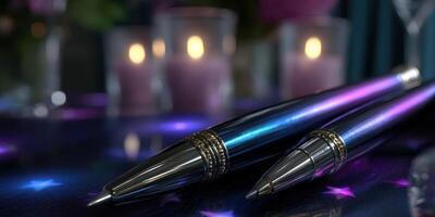 Elegant pens on a decorated table with soft candlelight during a celebration in the evening photo