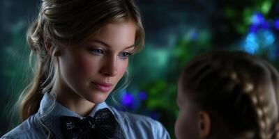 Emotion conveyed between a young girl and a woman in a garden setting during golden hour photo