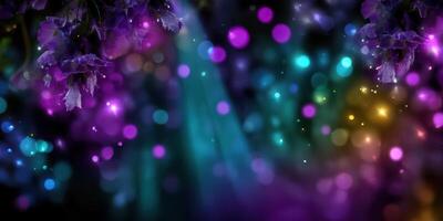 Colorful abstract background with bright bokeh lights and floral elements creating a mystical ambiance photo