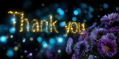 Beautiful thank you message with sparkling letters and vibrant purple flowers on a dark background photo