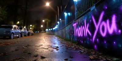 Colorful graffiti expressing gratitude on a wet street at night with illuminated lampposts and fallen leaves photo
