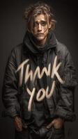 Man in dark clothing expresses gratitude through artistic text in a studio setting photo