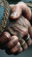 Two weathered hands clasping each other in a moment of solidarity during an outdoor gathering in the late afternoon photo