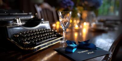 Elegant table setting with typewriter and thank you note in cozy indoor atmosphere photo