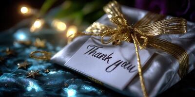 Gift package with thank you note on elegant fabric background with warm lights during evening gathering photo