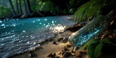 Message in a bottle rests on a sandy beach by the tranquil sea during golden hour photo