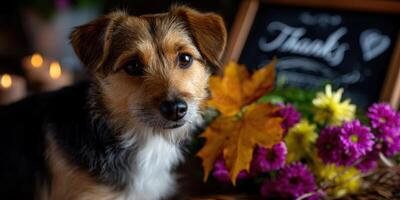 Cute dog with flowers and autumn leaves expressing gratitude in a cozy indoor setting photo