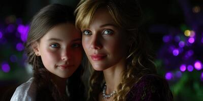 Two women share an intimate moment, standing close together in a softly illuminated environment photo