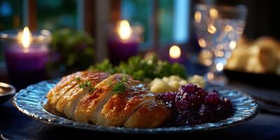Delicious dinner plate featuring golden-brown meat, vibrant sides, and candlelit ambiance in a cozy setting photo