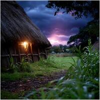 Hut illuminated at dusk with approaching storm clouds over a rural landscape photo