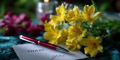 Colorful flowers and a thank you note on a decorative table setting in a serene indoor environment photo