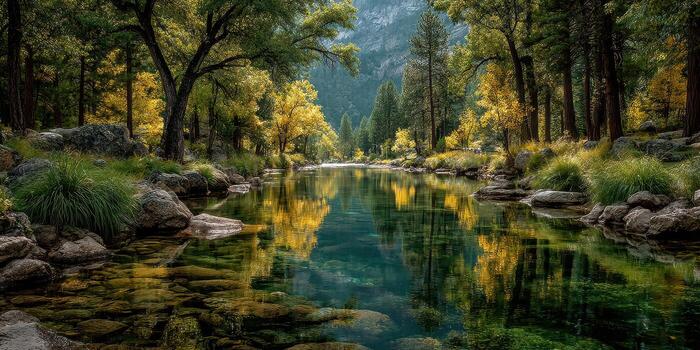 Serene river surrounded by autumn foliage reflecting in calm waters at midday in a forested landscape photo