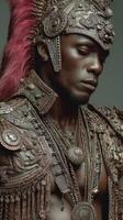 Intricate warrior attire showcases cultural heritage and artistry in a striking portrait photo