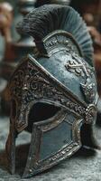 Detailed Roman helmet displayed in a vintage shop with intricate designs and historical significance photo
