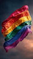 Vibrant rainbow flag waving proudly against a dramatic sky during a celebration of love and inclusivity photo