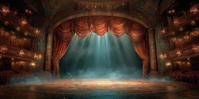 Majestic theater stage with velvet curtains and ethereal lighting during an evening performance photo