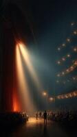 Spotlight falls on performers as an audience eagerly awaits in a vintage theater during a captivating evening show photo