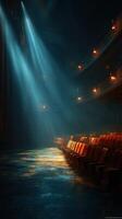 Quiet theater interior with illuminated stage light and empty seats in the evening photo