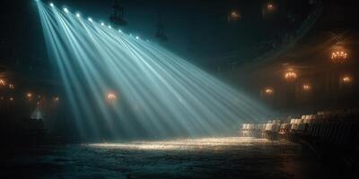 Dramatic lighting in an abandoned theater evokes a sense of nostalgia and mystery in an empty space photo
