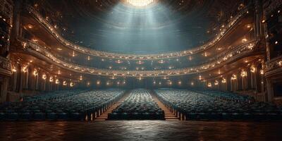 Majestic theater interior with empty seats illuminated by overhead spotlight at evening performance photo