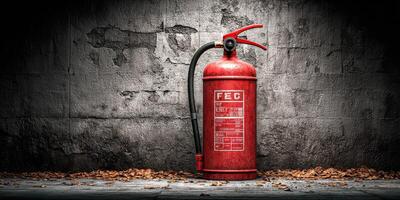 Fire extinguisher positioned against a worn concrete wall with dry leaves scattered on the ground photo