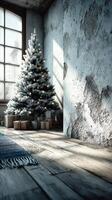 Cozy winter atmosphere featuring a decorated Christmas tree with gifts in a rustic room photo