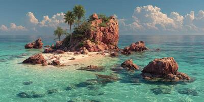 Beautiful tropical island with rocky formations and palm trees in clear turquoise waters under a bright sky photo