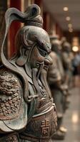 Historical warrior statue stands prominently in a museum highlighting ancient craftsmanship and cultural heritage photo