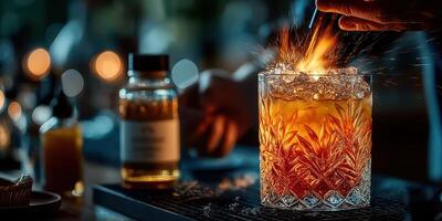 Hot cocktail preparation at a trendy bar with vibrant lighting and skilled bartending photo