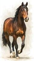 Brown horse walking gracefully on a light background in an artistic style photo