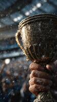 Celebration after victory with a gleaming trophy held high amidst jubilant atmosphere at a sports event photo