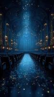Enchanting theater illuminated by blue light with shimmering stars on the floor in a magical atmosphere photo